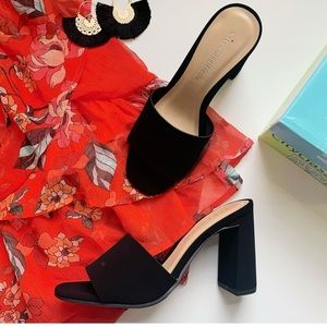 City Classified Clutch Faux suede black slide sandals block high heels